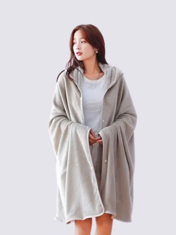 Poncho Plaid Gris Clair Boutonné à Capuche - Robitta