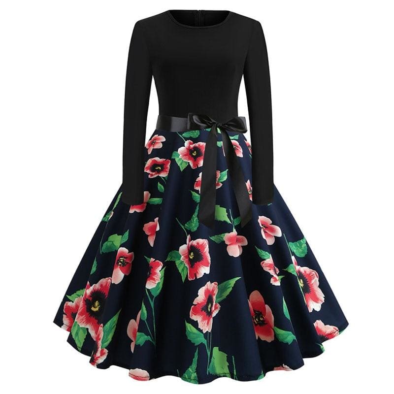 Robe Année 50 Noire À Coquelicots - Robitta
