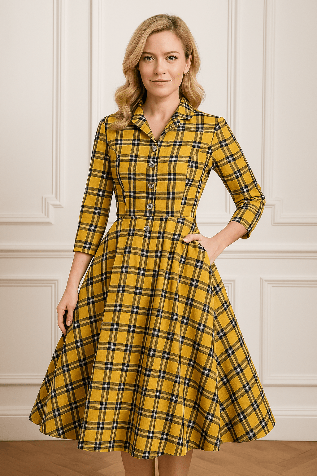 Robe Années 50 Jaune et Noir à Carreaux - Robitta