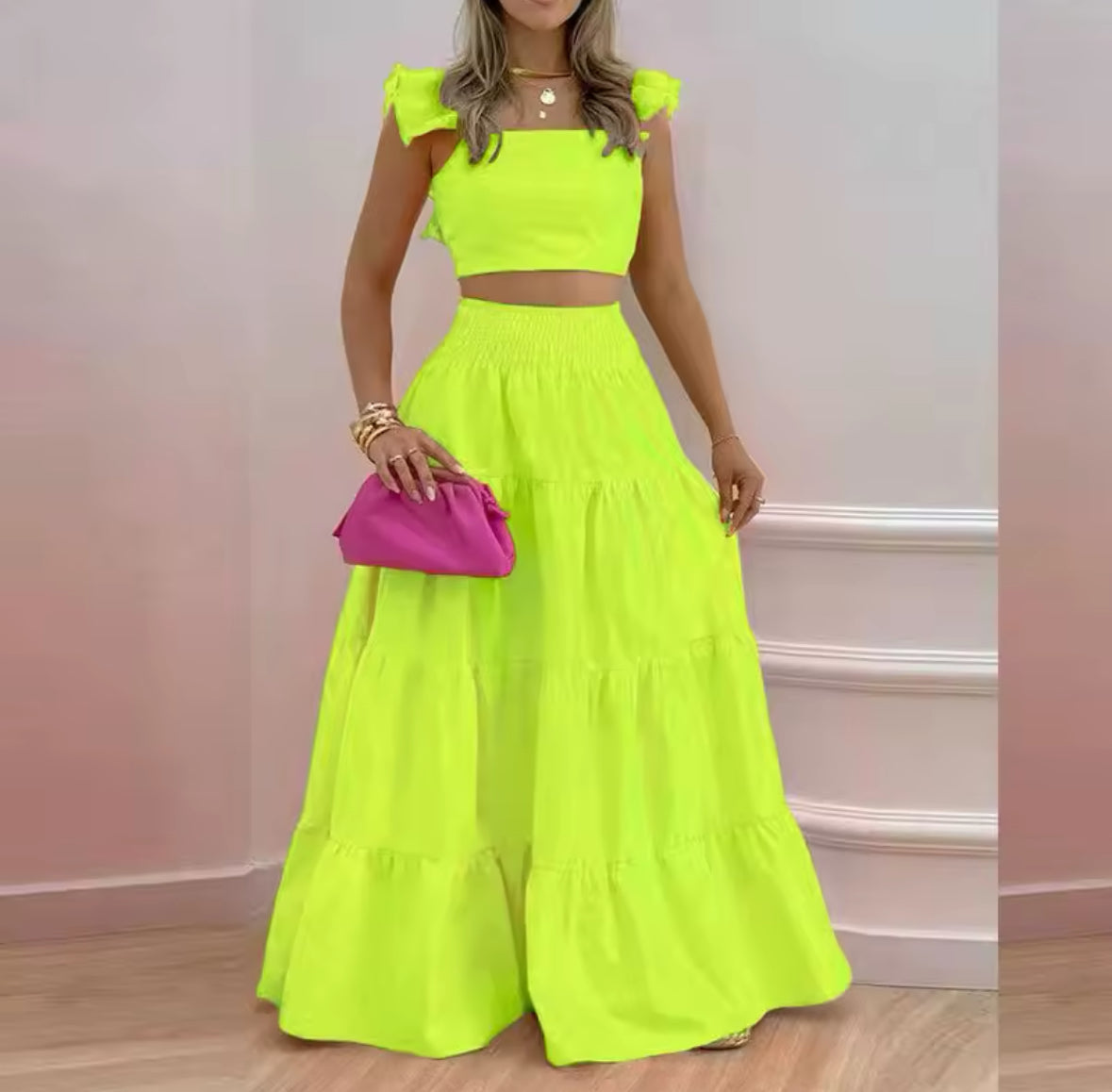 Ensemble 2 pièces jupe longue jaune orange vert