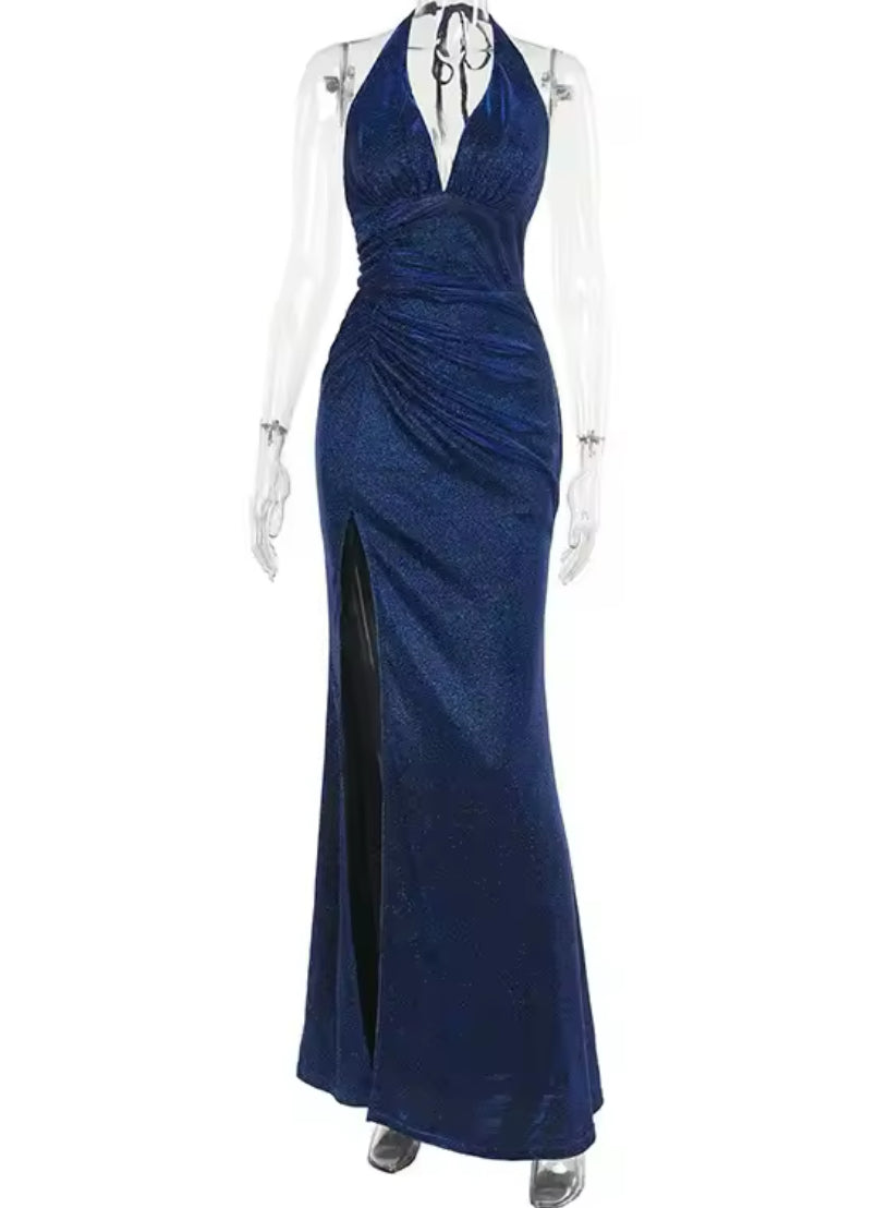 Robe longue bleu nuit fente latérale