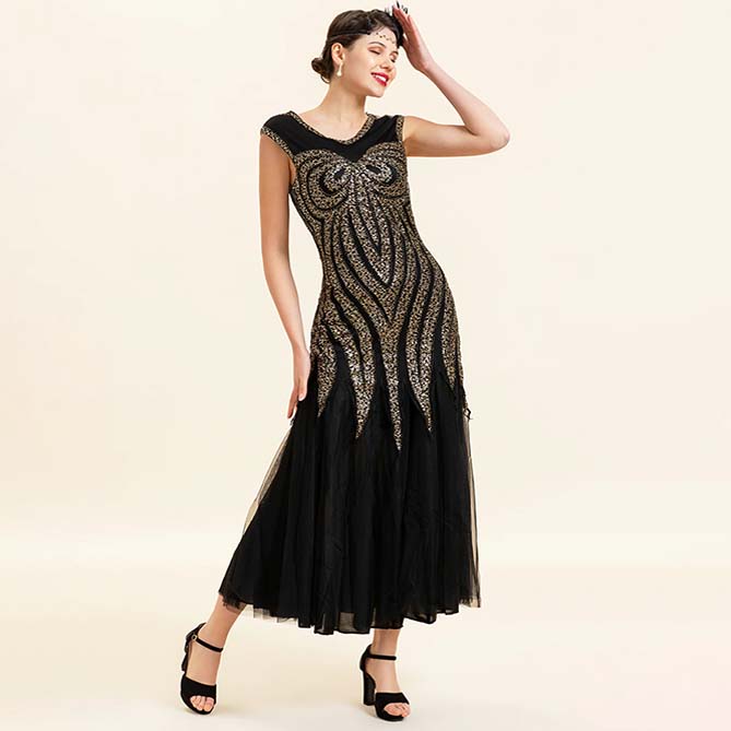 Robe Longue Noire à Paillettes Années 20