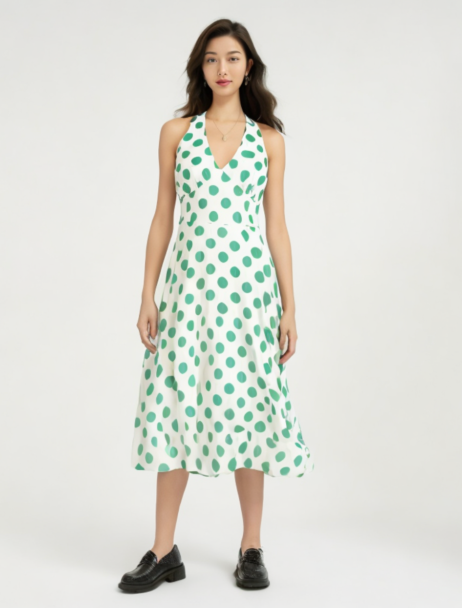 Robe Blanche à Pois Vert Années 60