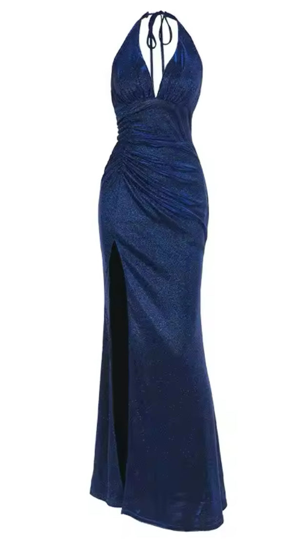 Robe longue bleu nuit fente latérale