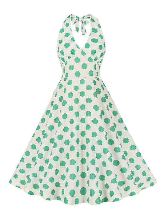 Robe Blanche à Pois Vert Années 60