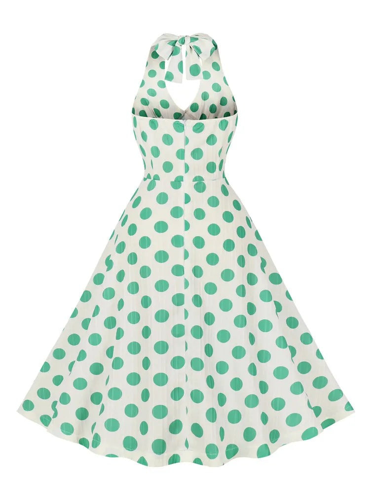 Robe Blanche à Pois Vert Années 60