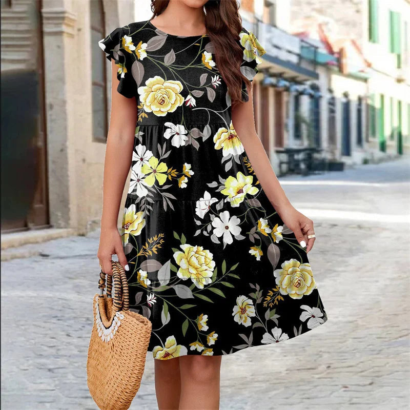 Robe Noire à Fleurs Jaunes Années 70