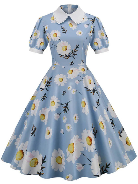 Robe Pin Up Bleu Ciel à Fleurs