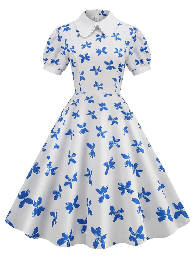 Robe Pin Up Blanche Motifs Bleus