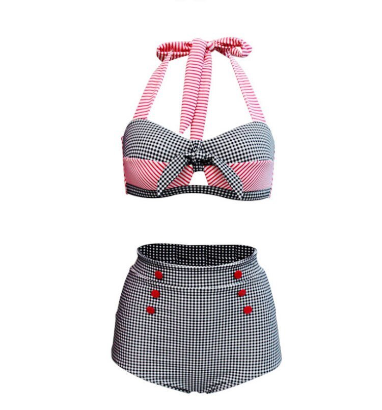Maillot de Bain Pin Up Deux Pièces Rose et Gris - Robitta