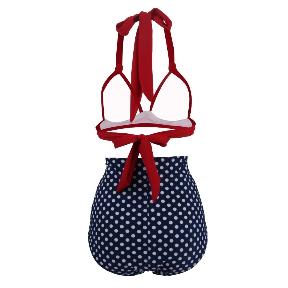 Maillot de Bain Retro Bleu à Pois et Rouge