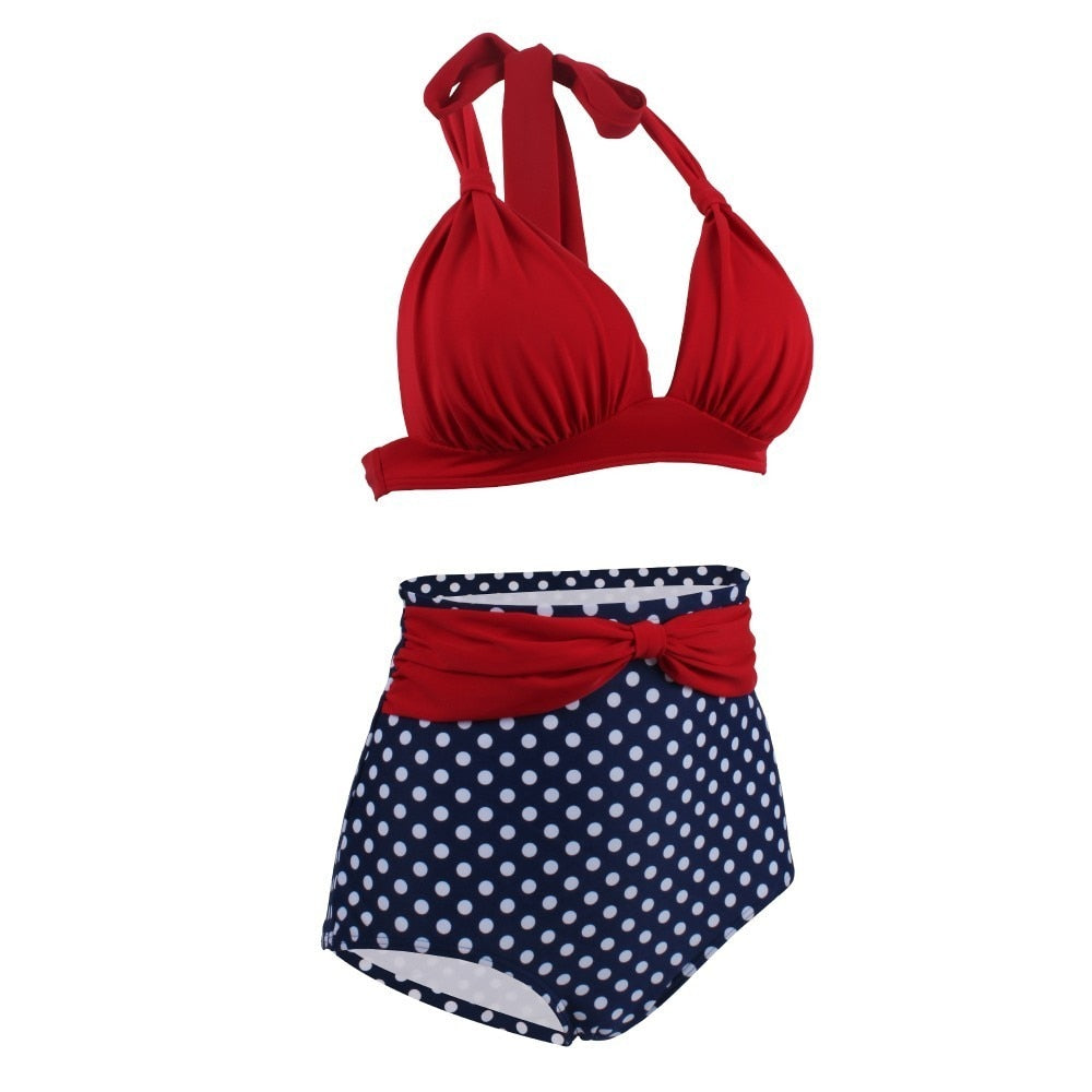 Maillot de Bain Retro Bleu à Pois et Rouge