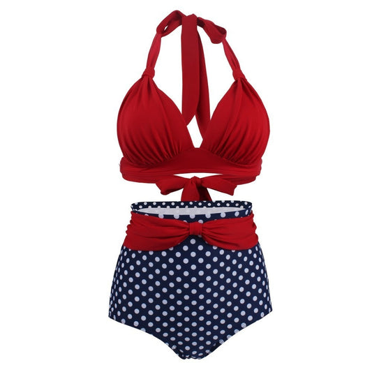 Maillot de Bain Retro Bleu à Pois et Rouge