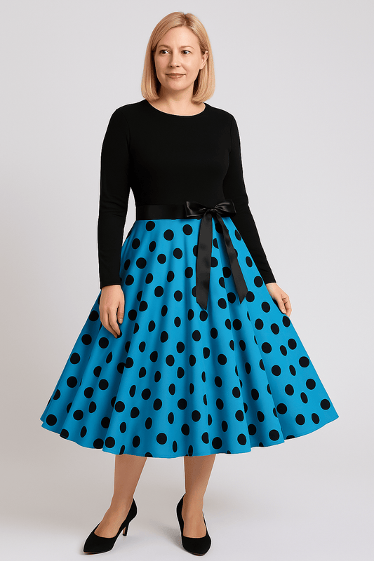 Robe Année 50 Bleue & Noire À Pois - Robitta