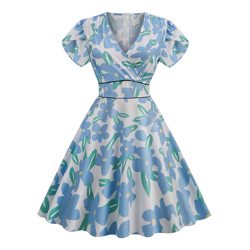 Robe Année 50 Fleurs Bleues