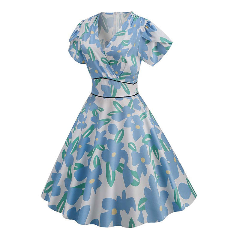 Robe Année 50 Fleurs Bleues