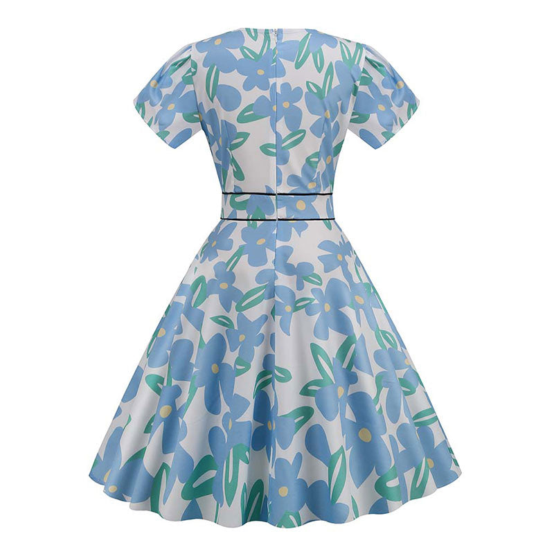 Robe Année 50 Fleurs Bleues