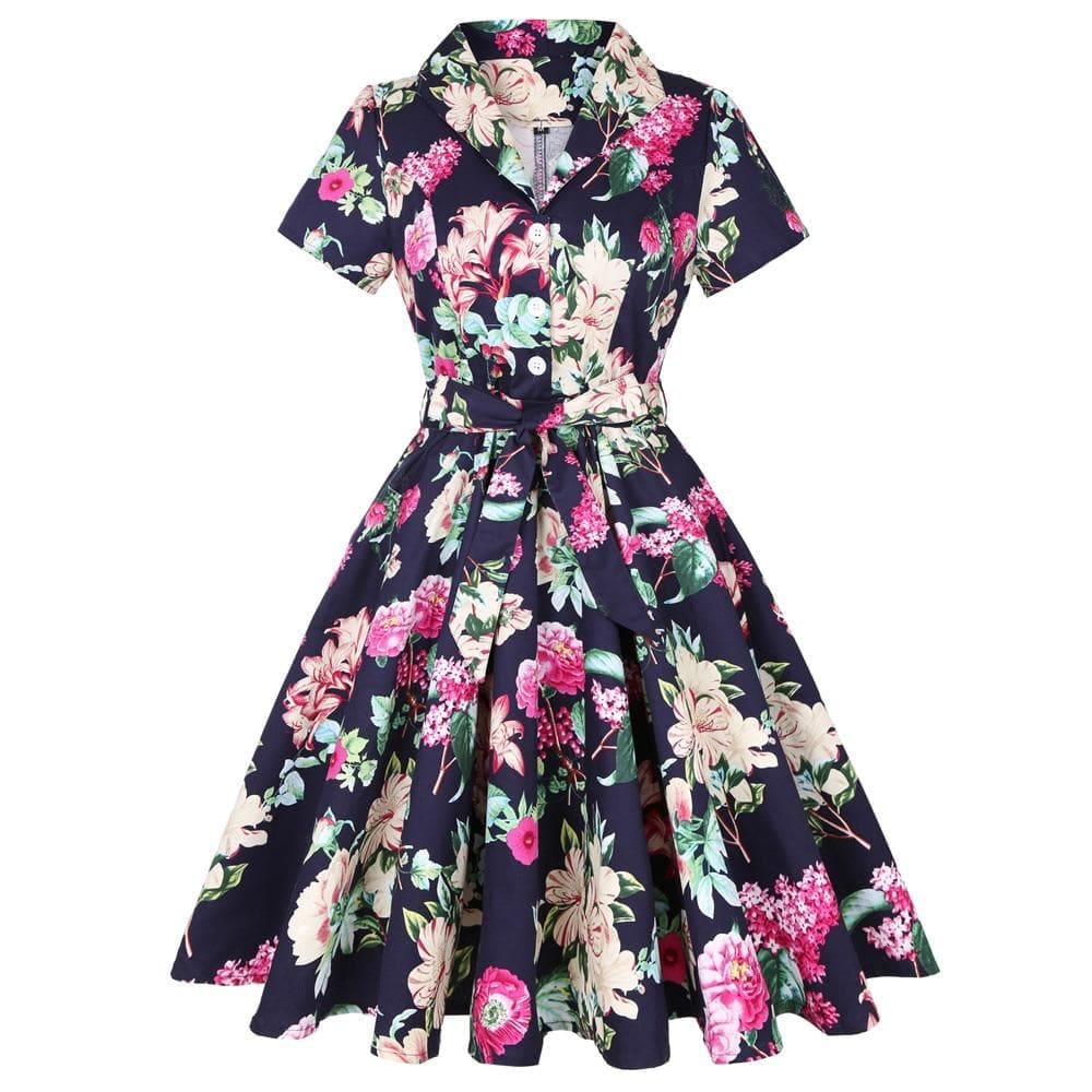 Robe Année 50 Marine à Fleurs