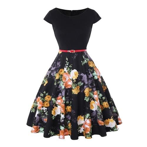 Robe Année 50 Noire à Fleurs