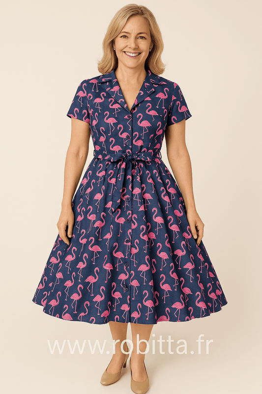 Robe Année 50 Violette à Flamants Roses - Robitta