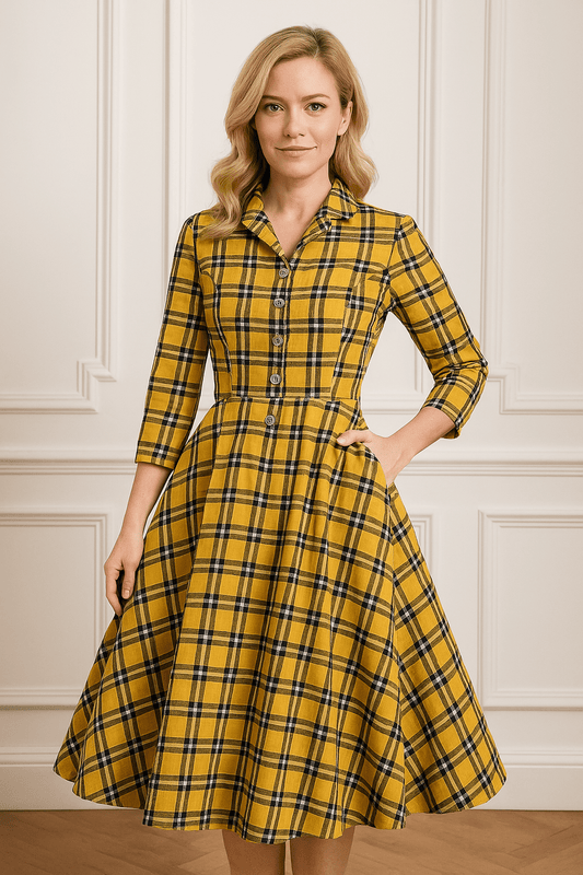 Robe Années 50 Jaune et Noir à Carreaux - Robitta