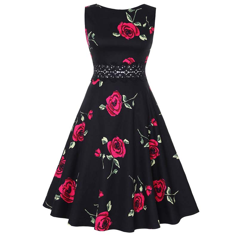 Robe Noire Fleurs Rouge Années 50